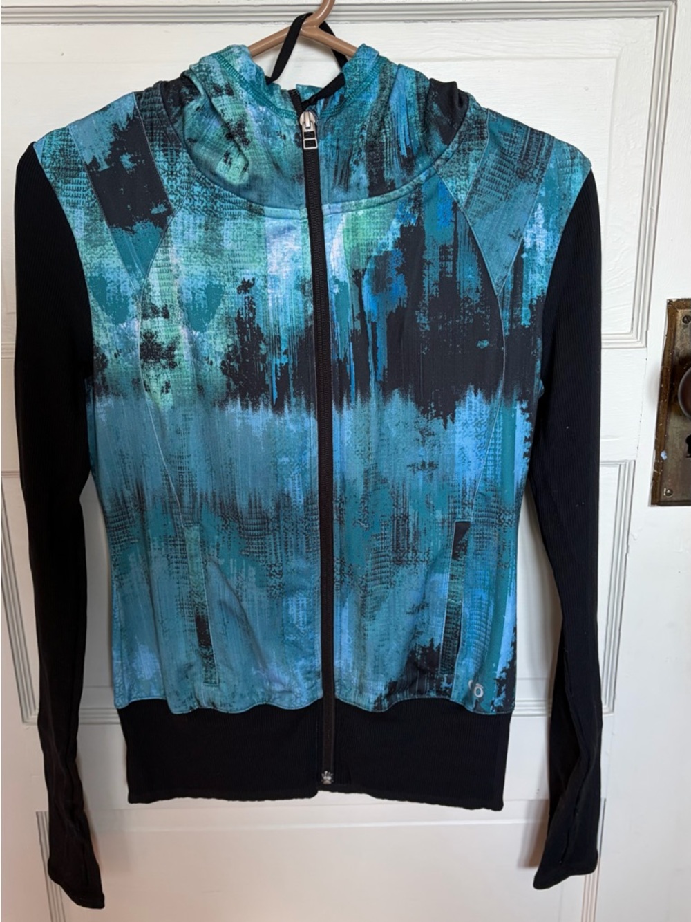ALO Yoga Teal and Black Abstract Zip Hoodie Jacket